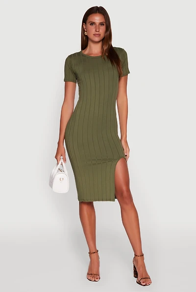Womens Ribbed Knit Shadow Stripe Midi T-Shirt Dress, Green, Size M