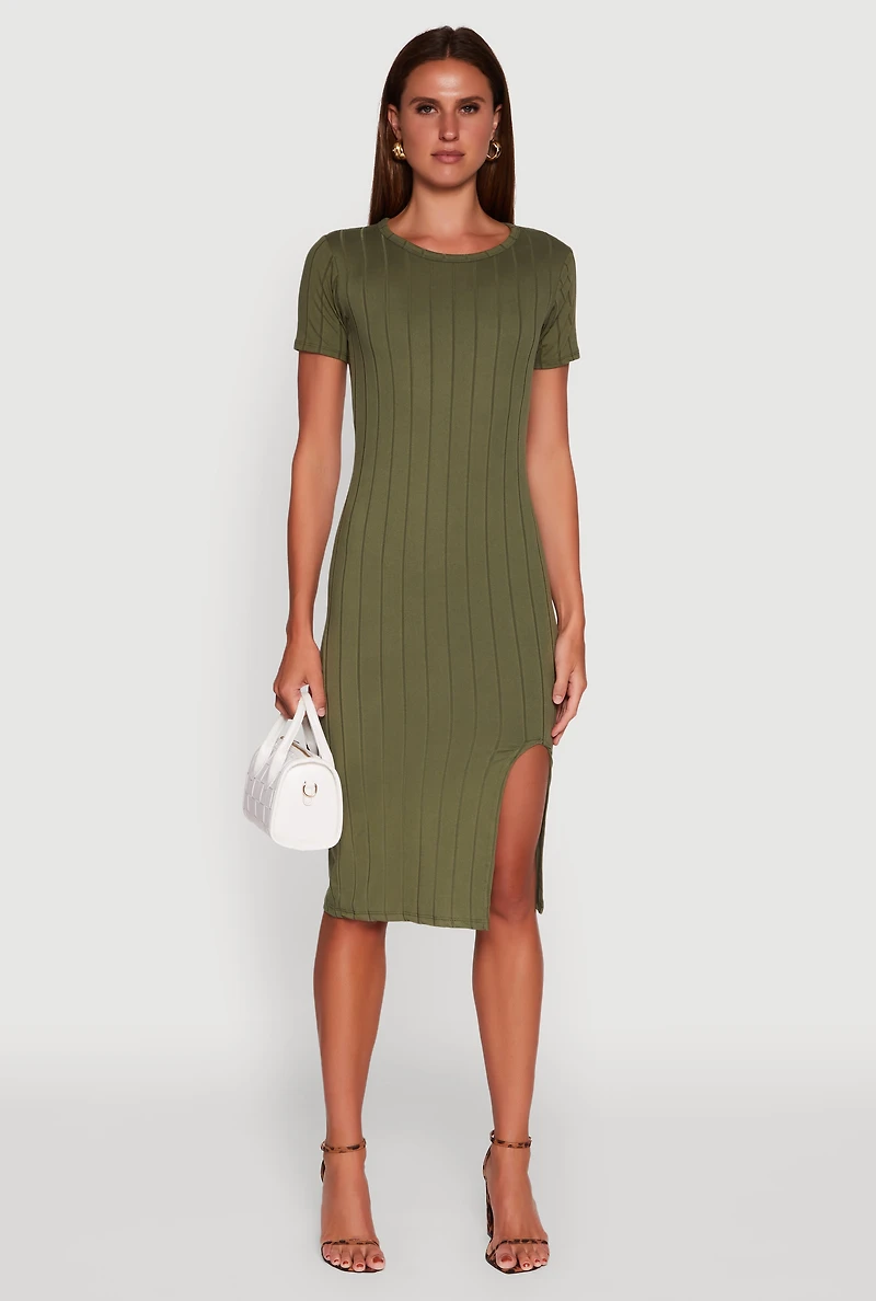 Womens Ribbed Knit Shadow Stripe Midi T-Shirt Dress, Green, Size M