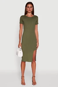 Womens Ribbed Knit Shadow Stripe Midi T-Shirt Dress, Green, Size M