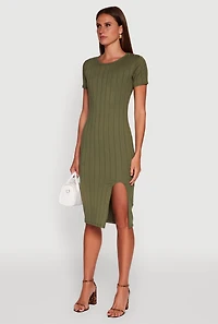 Womens Ribbed Knit Shadow Stripe Midi T-Shirt Dress, Green, Size M