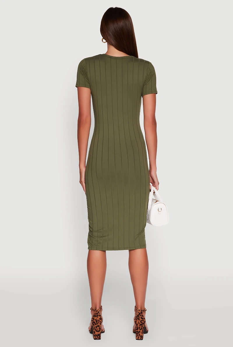 Womens Ribbed Knit Shadow Stripe Midi T-Shirt Dress, Green, Size M