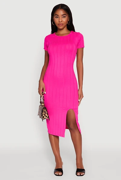 Womens Ribbed Knit Shadow Stripe Midi T-Shirt Dress, Pink, Size S