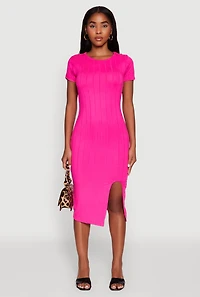 Womens Ribbed Knit Shadow Stripe Midi T-Shirt Dress, Pink, Size S