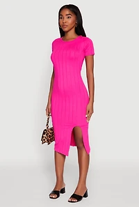 Womens Ribbed Knit Shadow Stripe Midi T-Shirt Dress, Pink, Size S