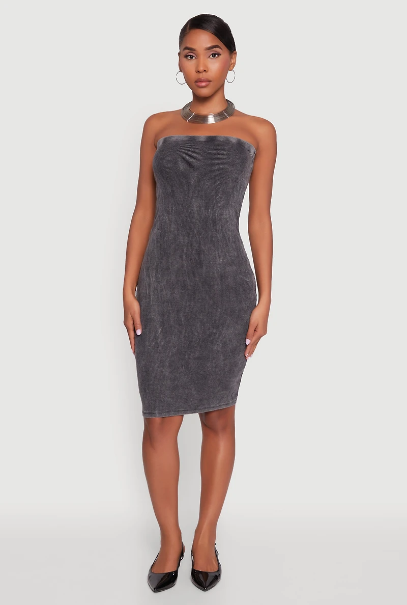 Womens Rib Knit Mineral Wash Tube Dress, Grey, Size S