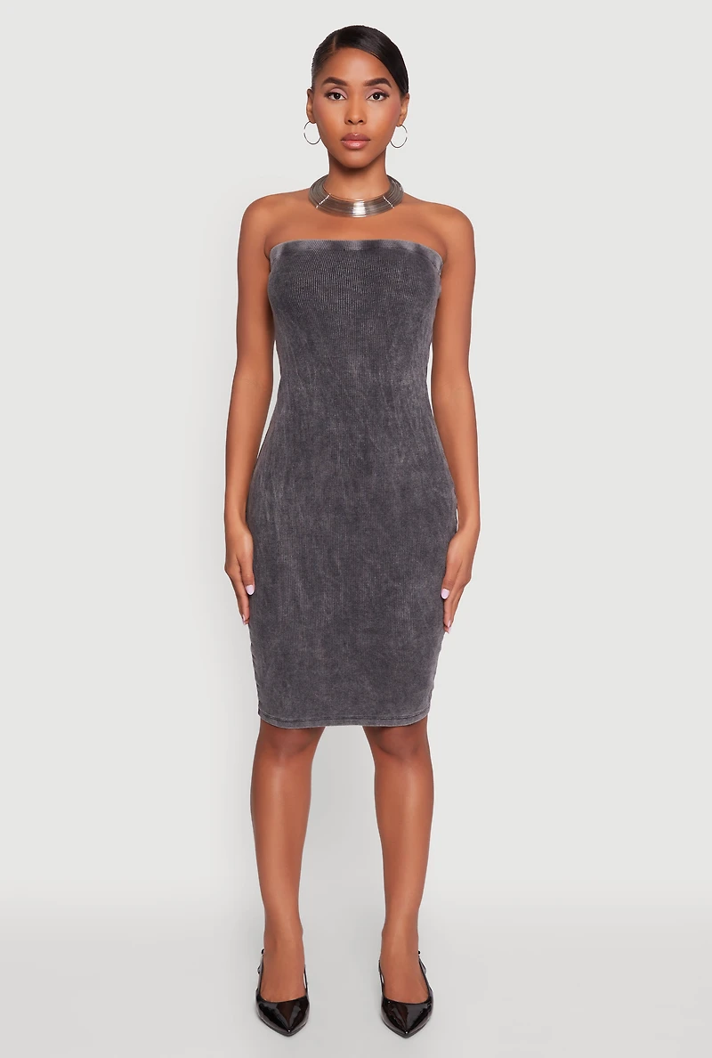 Womens Rib Knit Mineral Wash Tube Dress, Grey, Size S