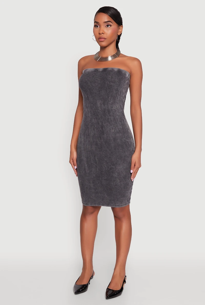 Womens Rib Knit Mineral Wash Tube Dress, Grey, Size M