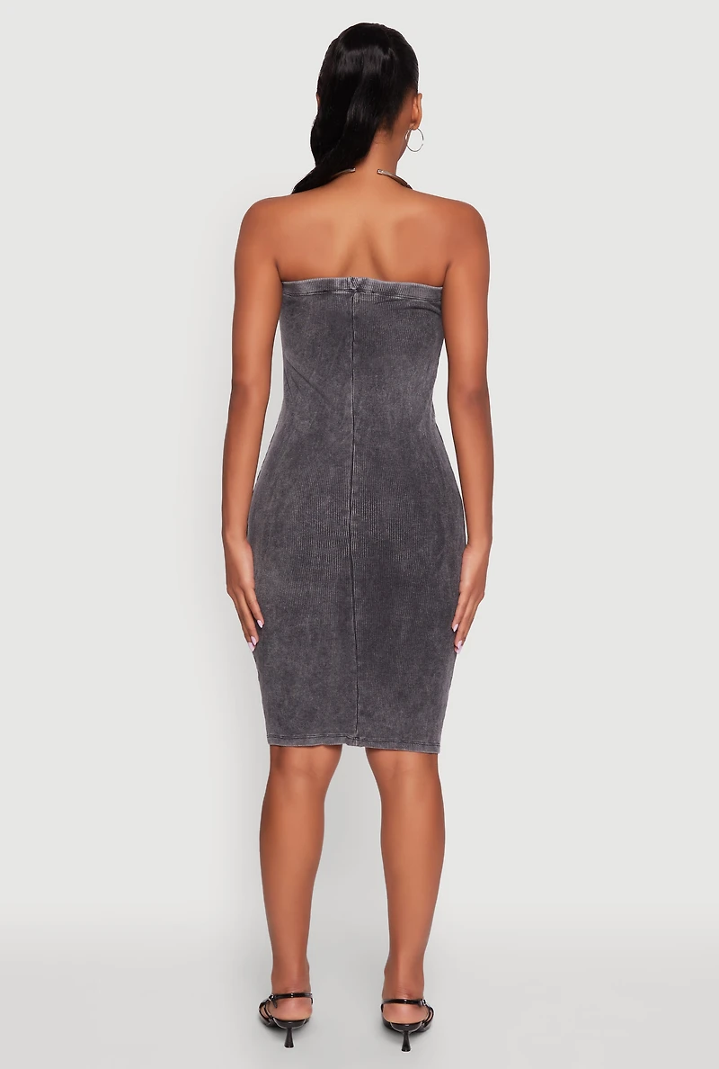 Womens Rib Knit Mineral Wash Tube Dress, Grey, Size S