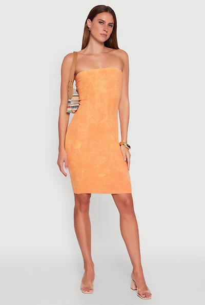 Womens Rib Knit Mineral Wash Tube Dress, Orange, Size S