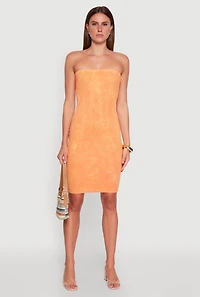 Womens Rib Knit Mineral Wash Tube Dress, Orange, Size S