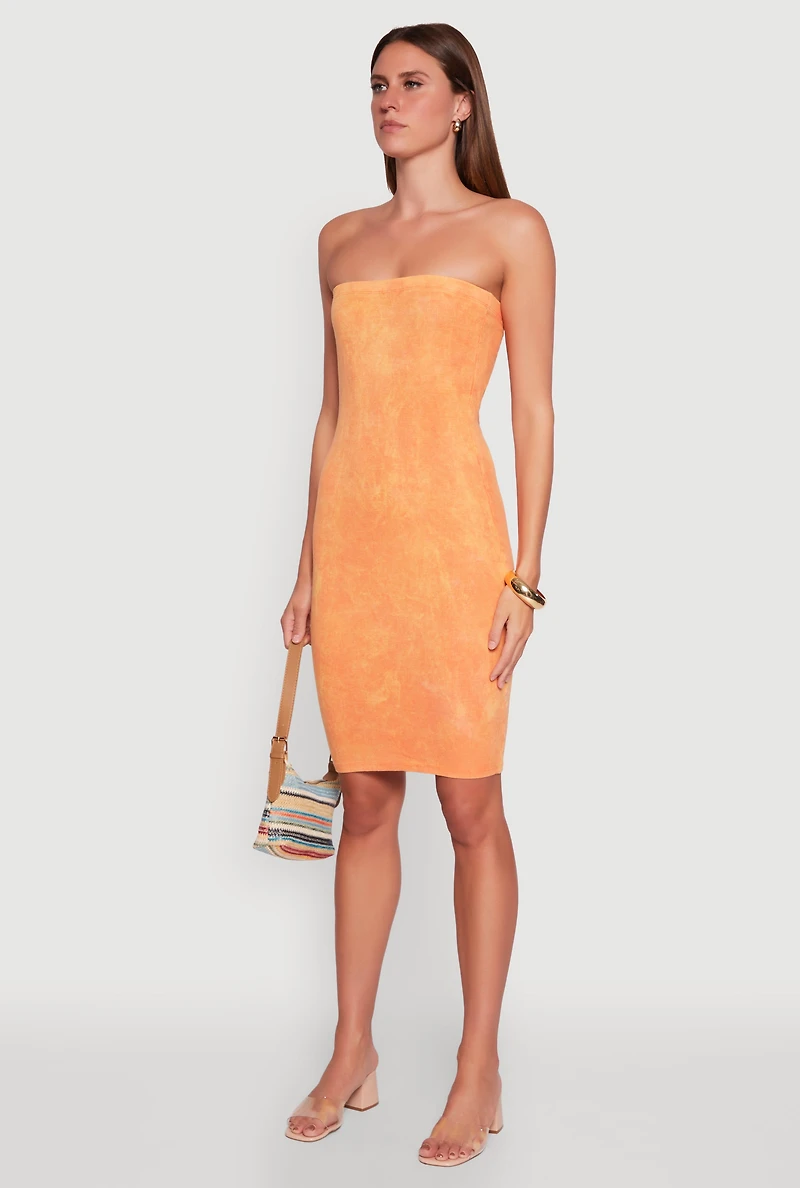 Womens Rib Knit Mineral Wash Tube Dress, Orange, Size S