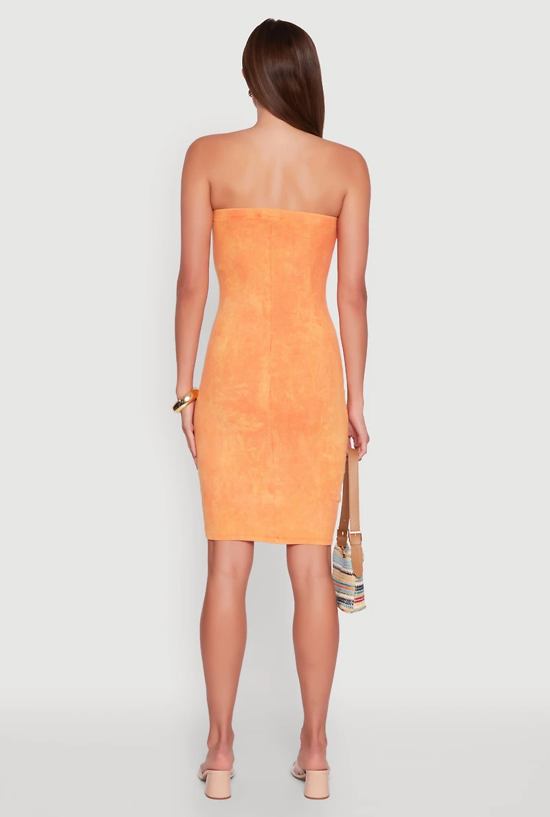 Womens Rib Knit Mineral Wash Tube Dress, Orange, Size S