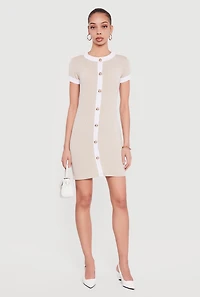 Contrast Trim Ribbed Knit Mini Dress with Faux Buttons