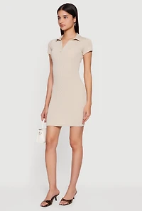 Rib Knit Short Sleeve Mini Polo Dress
