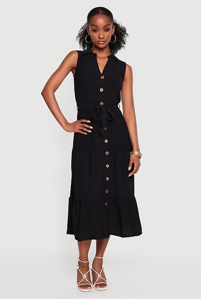 Crepe Knit Sleeveless Tiered Shirt Dress