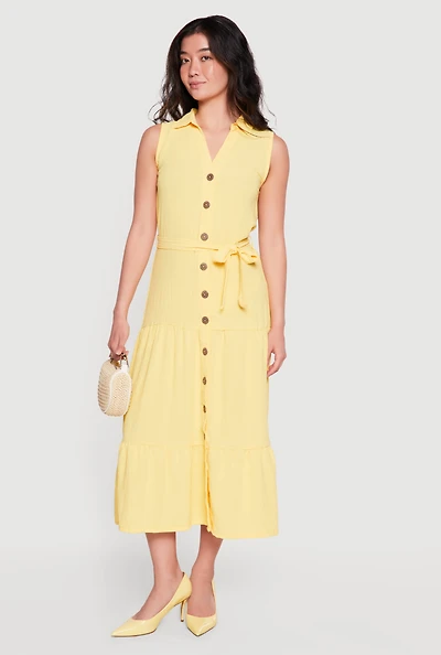 Crepe Knit Sleeveless Tiered Shirt Dress