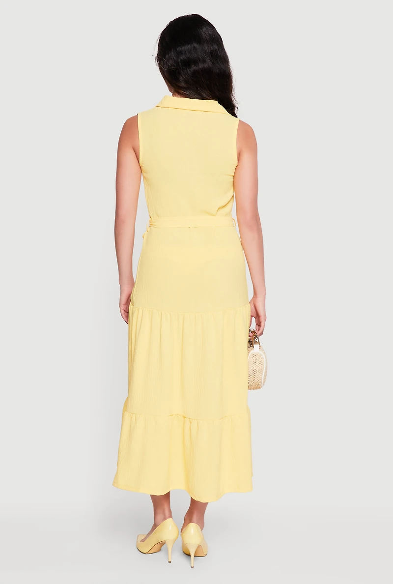 Crepe Knit Sleeveless Tiered Shirt Dress