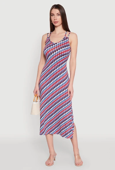 Womens Chevron Print Double Spaghetti Strap Midi Dress, Multi,