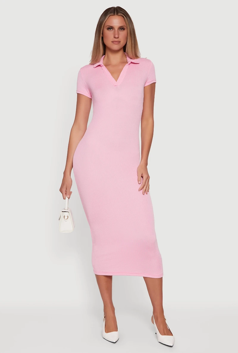 Ribbed Knit Johnny Collar Polo Dress