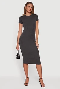 Ribbed Knit Short Sleeve Crew Neck Dress