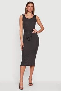 Tie Waist Belted Slit Back Midi Dress
