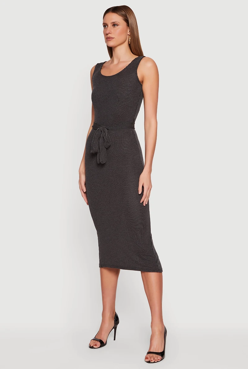 Tie Waist Belted Slit Back Midi Dress