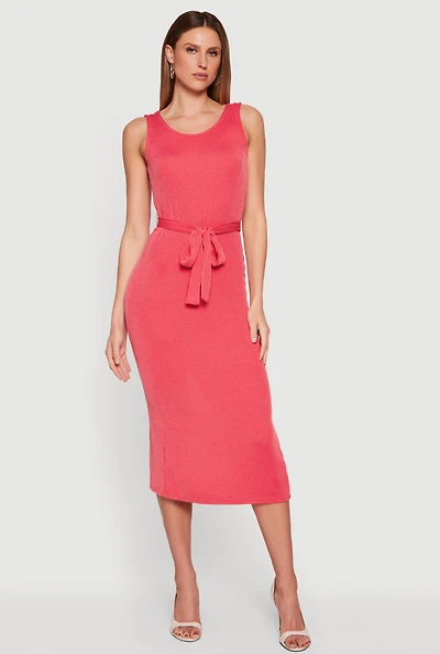 Tie Waist Belted Slit Back Midi Dress