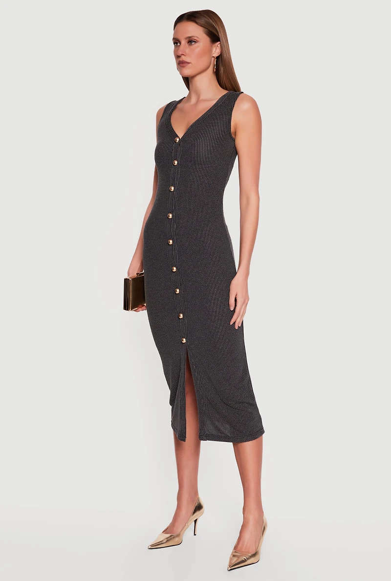 Sleeveless Button Front V Neck Midi Dress
