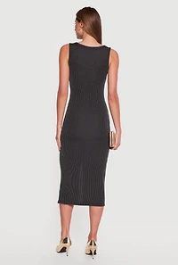 Sleeveless Button Front V Neck Midi Dress