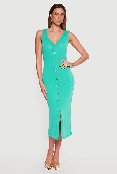 Sleeveless Button Front V Neck Midi Dress