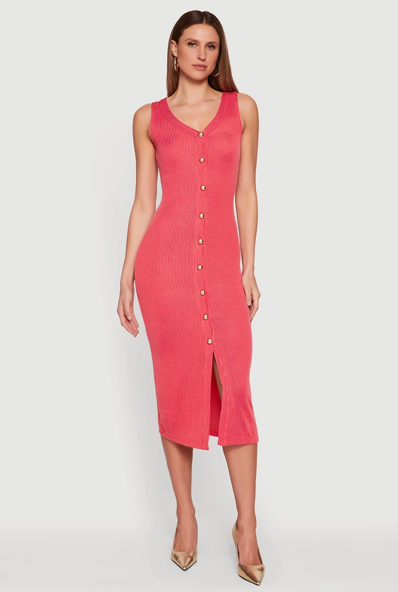 Sleeveless Button Front V Neck Midi Dress