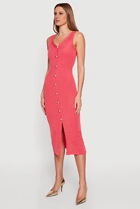 Sleeveless Button Front V Neck Midi Dress
