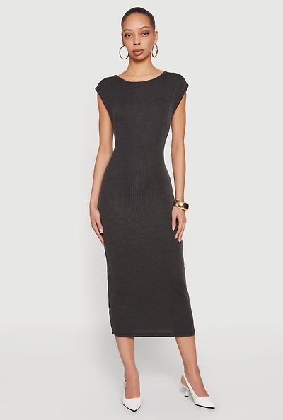 Ribbed Knit Cap Sleeve Backless Midi Dress