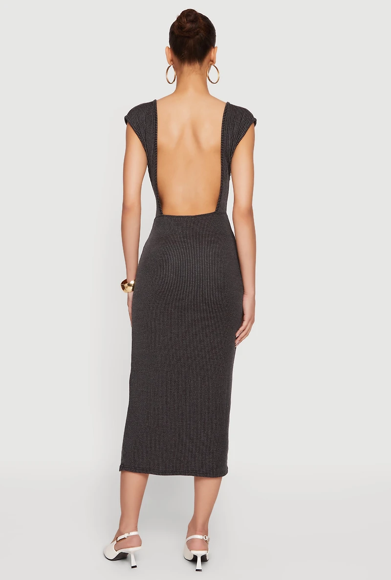 Ribbed Knit Cap Sleeve Backless Midi Dress