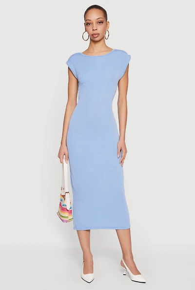 Ribbed Knit Cap Sleeve Backless Midi Dress