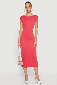 Ribbed Knit Cap Sleeve Backless Midi Dress