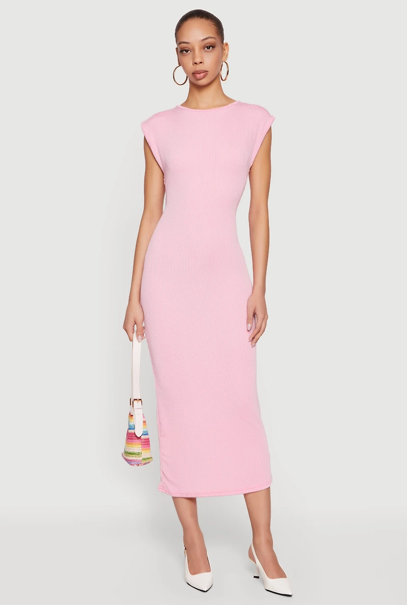 Ribbed Knit Cap Sleeve Backless Midi Dress