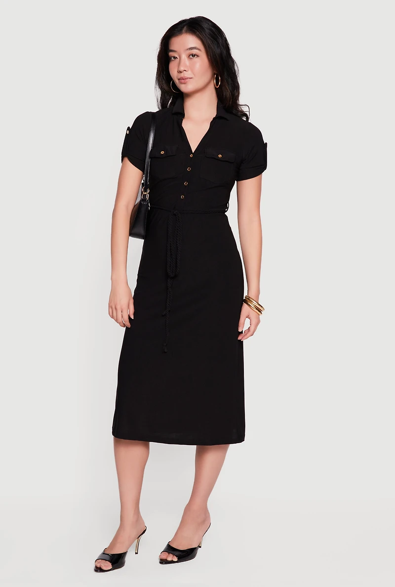 Tie Waist Belted Midi Shirt Dress