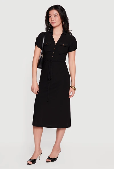 Tie Waist Belted Midi Shirt Dress
