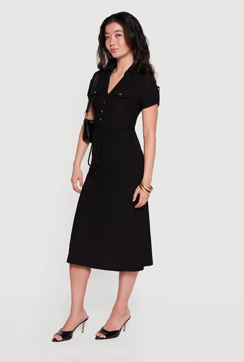 Tie Waist Belted Midi Shirt Dress