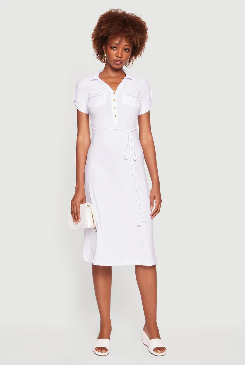 Tie Waist Belted Midi Shirt Dress