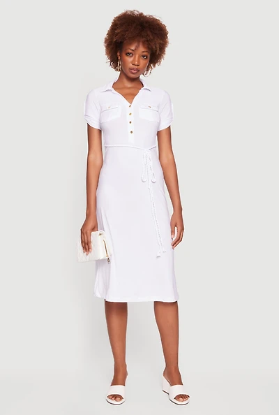 Tie Waist Belted Midi Shirt Dress