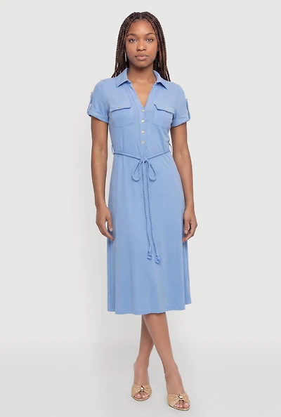 Tie Waist Belted Midi Shirt Dress