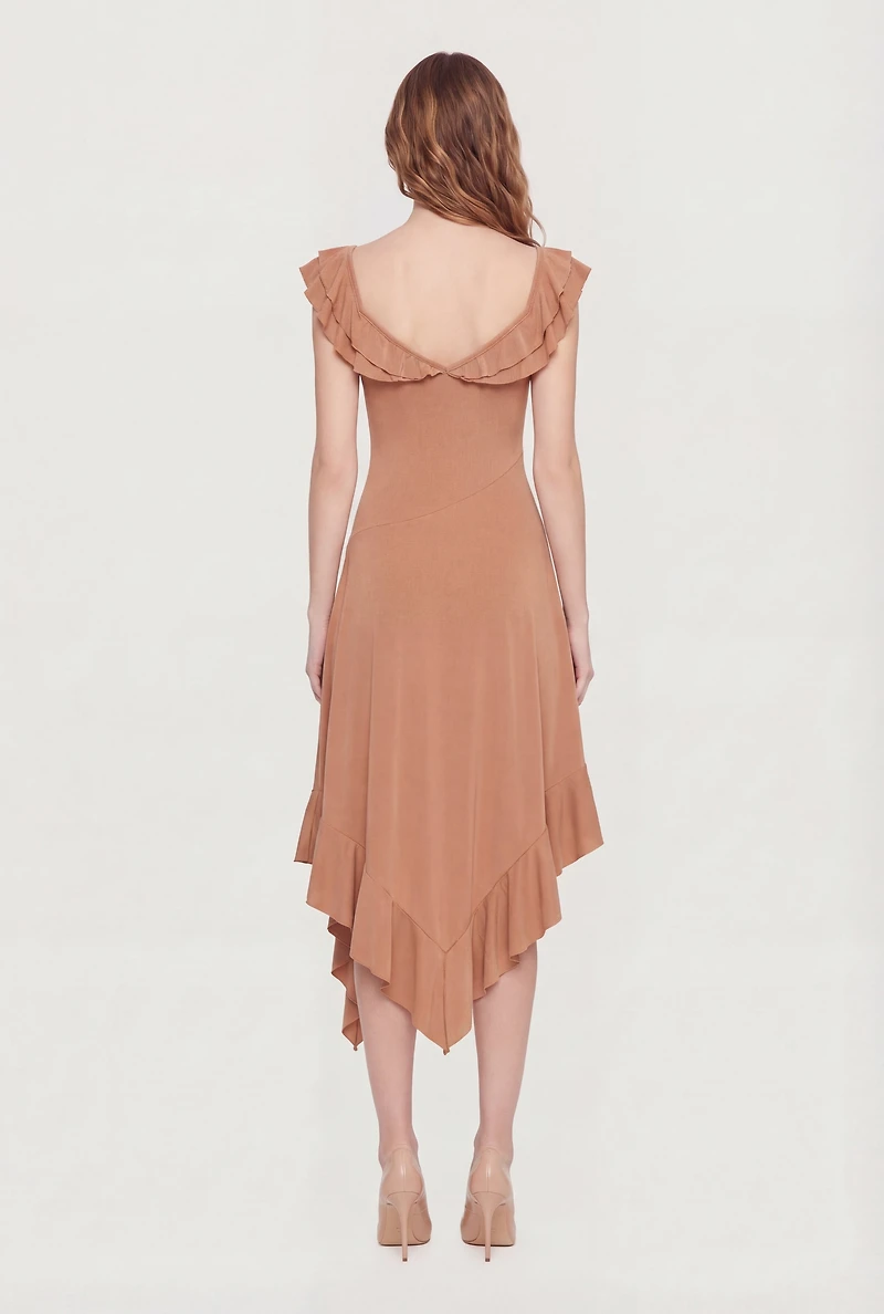 Asymmetrical Ruffle Trim Flutter Sleeve Midi Dress