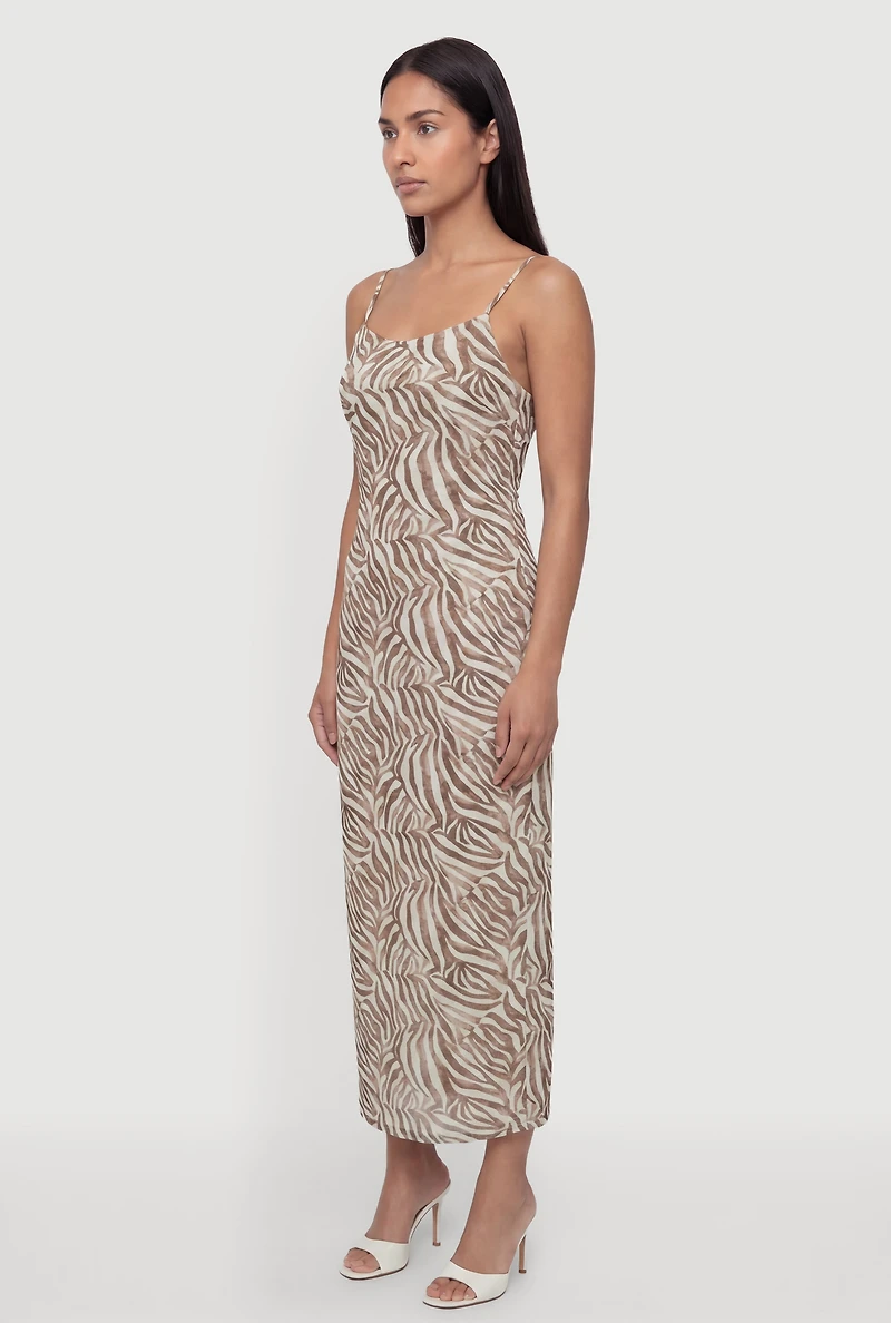Zebra Print Mesh Overlay Dress with Keyhole Back