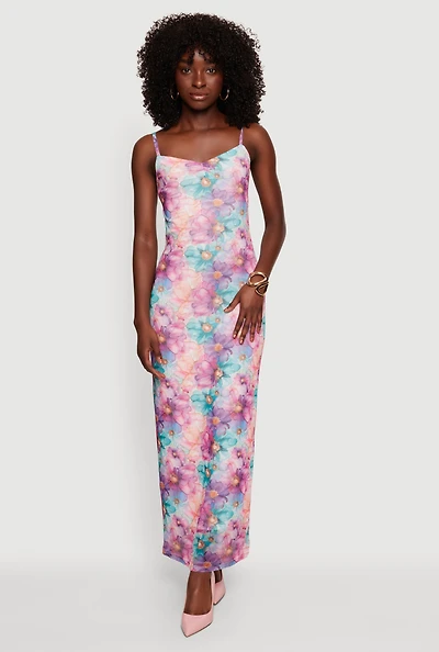 Floral Mesh Overlay Dress with Keyhole Back