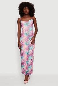 Floral Mesh Overlay Dress with Keyhole Back