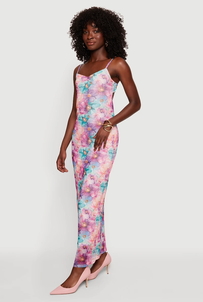 Floral Mesh Overlay Dress with Keyhole Back