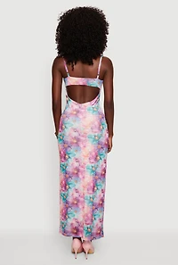 Floral Mesh Overlay Dress with Keyhole Back