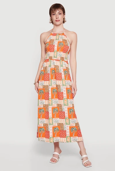 Palm Tree Print Tie Back Halter Dress with Keyhole